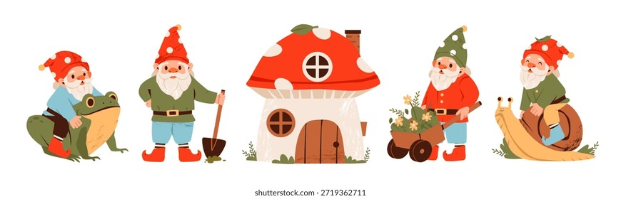 Gnomos de jardín con una rana, caracol, herramientas y una casa de setas. Lindos personajes de cuento de hadas. Elfo de jardín. Ilustración vectorial plana de dibujos animados.