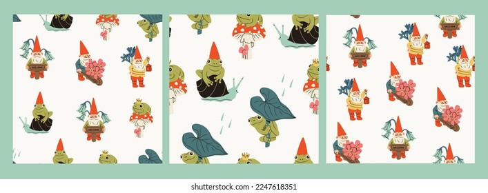Garden gnomes and Frogs. Hand drawn Vector illustration. Cute fairy tale characters. Garden elf, funny frogs. Cartoon style. Set of three Square seamless Patterns. Background, wallpaper