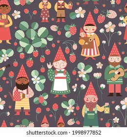 Garden gnomes in funny hats in strawberry field seamless pattern. Racial, gender and age diverse gnomish community. Happy elf families, cute dwarfs and ripe strawberries on repeating background.