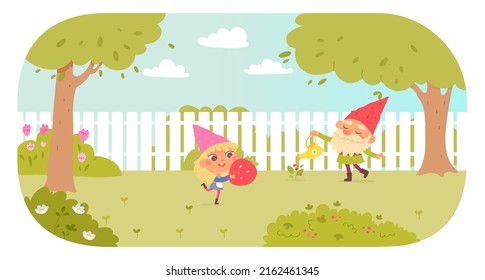 Garden gnomes gardening in backyard of village house vector illustration. Cartoon small female gnome holding strawberry in hands, cute old dwarf with beard watering berry plant from can background