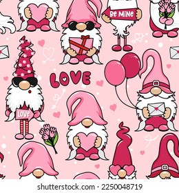 Garden gnomes, gnomie Happy Valentine's Day - funny drawing seamless pattern. wallpaper, wrapping paper. 