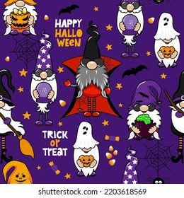 Garden gnomes in Halloween cotume - funny drawing seamless pattern. wallpaper, wrapping paper. Happy Halloween Day. Witch, broom, Dracula troll cartoon design.