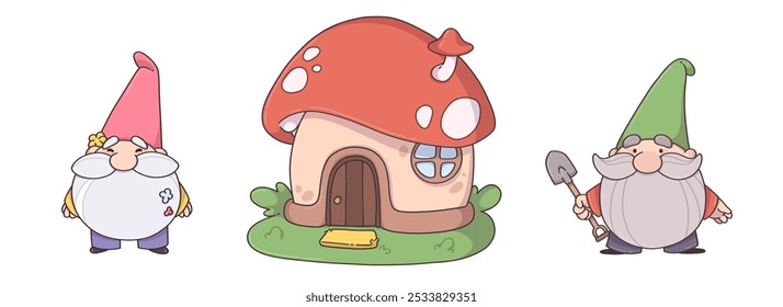 Garden gnomes and mushroom house set isolated on white background. Contemporary vector cartoon illustration of old male characters with gray beard wearing color hats, holding shovel, cute forest hut