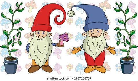 Garden gnomes on the background of fly agarics and flowers, a plant in a pot. Vector illustration. The pattern. Children's illustration, printing on packaging, background