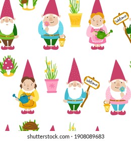 Garden gnomes seamless pattern. A collection of three cartoon cute fairy-tale characters with mushrooms and pots of flowers to decorate the yard, vegetable garden, park. Ideal for spring-summer design