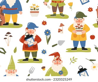 Garden gnomes seamless pattern. Repeating design with Garden and backyard decoration. Fairy tale characters, imagination and fantasy. Dwarves with shovels and lamp. Cartoon flat vector illustration