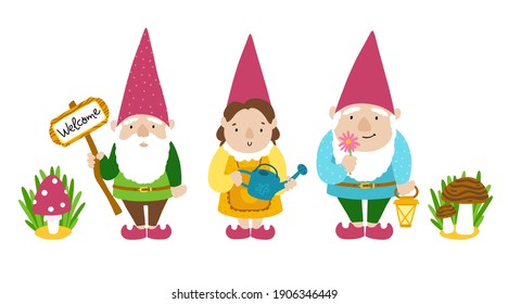 Garden gnomes set. A collection of three cartoon cute fairy-tale characters with mushrooms to decorate the yard, vegetable garden, park. Grandparents with a gray beard and a grandmother