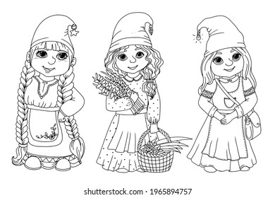 Garden gnomes set. Coloring book with gnomes. A magical creature. The girl is a herbalist. Vector illustration isolated on white background.