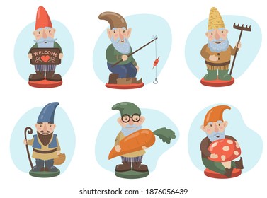 Garden gnomes set. Funny cartoon bearded dwarfs with fishing tackle, gardening tools, mushroom, vegetable. Vector illustration for fairytale characters, home, lawn ornament concept