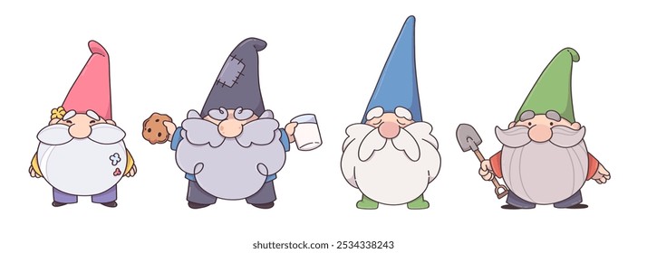 Os gnomos do jardim são isolados sobre fundo branco. Ilustração de desenhos animados vetoriais contemporâneos de personagens masculinos velhos com barba cinzenta vestindo chapéus coloridos, comer biscoito, segurar pá, flores, dormir