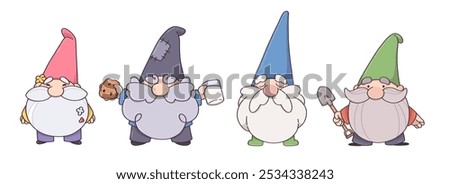 Garden gnomes set isolated on white background. Contemporary vector cartoon illustration of old male characters with gray beard wearing color hats, eating cookie, holding shovel, flowers, sleeping