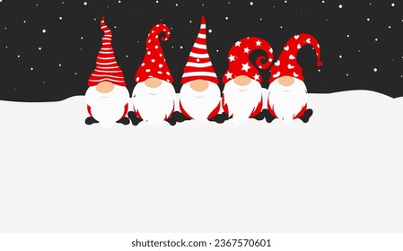 Garden gnomes sitting on some snow, empty area, on a dark and starry sky background, in flat style, white and red, greeting card template, vector romantic illustration