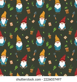 Garden gnomes and garden tools. Seamless pattern, vector illustration