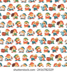 Garden gnomes vector cartoon seamless pattern background for wallpaper, wrapping, packing, and backdrop.