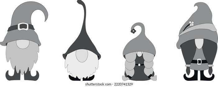 Garden gnomes. Vector set of black and white characters