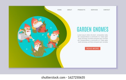 Garden gnomes web template vector illustration. Funny sleeping, watering plants and holding showel dwarf. Fairy tale. Fantastic gnomes figures for garden. Cute garden decorations website.