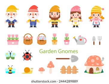 Garden Gnomes and Woman cartoon, Gardening and Spring, Garden tools and decor collection