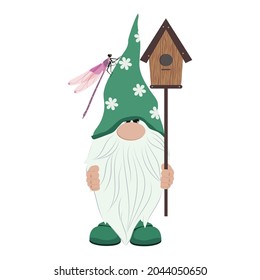 Garden Good Gnome With Dragonfly And Birdhouse On White Isolated Background. Vector Illustration.