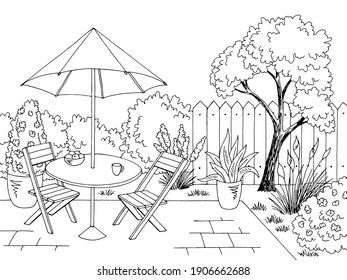 Garden graphic backyard table black white sketch illustration vector 