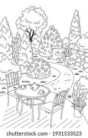 Garden graphic backyard table black white sketch vertical illustration vector 