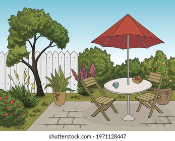 Garden graphic backyard table color sketch illustration vector 