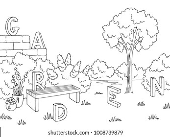 Garden graphic black white landscape sketch illustration vector