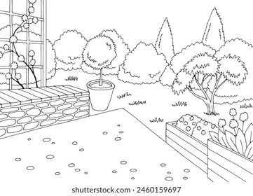 Gartengrafik Schwarz Weiß Landschaft Skizze Illustration Vektorgrafik 