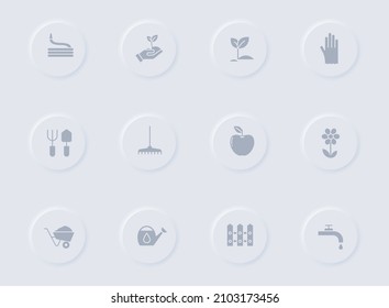 garden gray vector icons on round rubber buttons. garden icon set for web, mobile apps, ui design and promo business polygraphy
