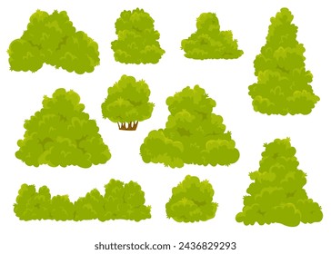 Arbusto verde jardín. Conjunto de arbustos de vegetación, hierba y árboles. Bosque y naturaleza. Ilustración de estilo de dibujos animados vectoriales