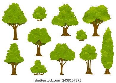 Garden green bush. Set of vegetation bushes, grass and trees. Forest and nature concept. Vector cartoon style illustration