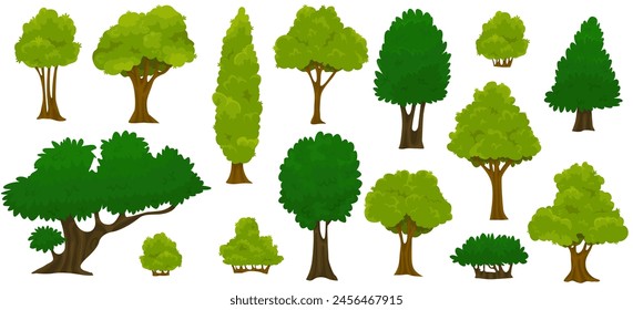 Arbusto verde jardín. Conjunto de arbustos de vegetación, hierba y árboles. Bosque y naturaleza. Vector ilustración de estilo de dibujos animados