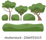 Garden green bush and trees. Vector set of vegetation bushes and trees. Cartoon icon for decorate landscape park, backyard, forest. Spring or summer plant, trees, hedges, shrub with branches and leave
