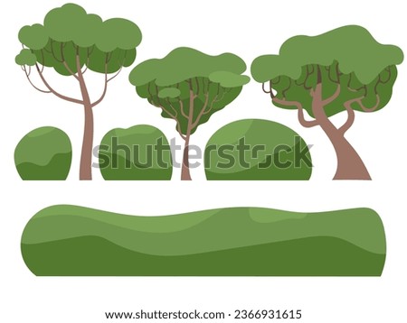 Garden green bush and trees. Vector set of vegetation bushes and trees. Cartoon icon for decorate landscape park, backyard, forest. Spring or summer plant, trees, hedges, shrub with branches and leave