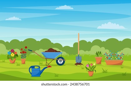 garden with green grass, flowers, garden wheelbarrow, shovel. garden concept. Banner with Spring or summer landscape. vector illustration in flat design