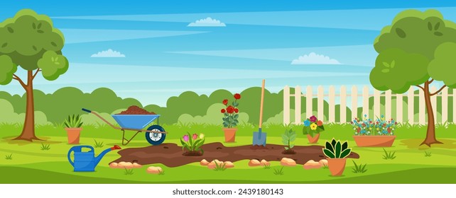 jardín con hierba verde, flores, carretilla de jardín, pala. concepto de jardín. Banner con paisaje de primavera o verano. ilustración vectorial en diseño plano