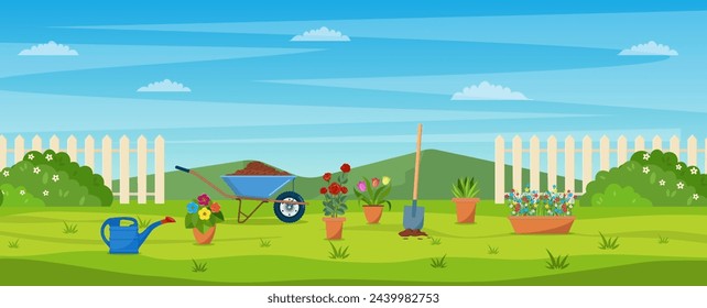 Garten mit grünem Gras, Blumen, Garten Schubkarre, Schaufel. Banner mit Frühlings- oder Sommerlandschaft. Vektor-Illustration im flachen Design