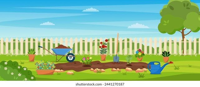 garden with green grass, flowers, garden wheelbarrow, shovel. garden concept. Banner with Spring or summer landscape. vector illustration in flat design