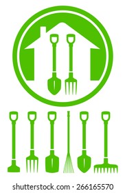 garden green icon with tools set silhouette