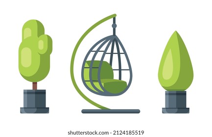 Garden Green Plant in Pot and Hanging Swing Chair Vector Set