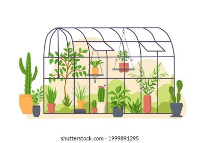 Garden greenhouse. Glass botanical orangery house with cactus and tropical cultivated plants in pot. Cartoon greenery nature vector concept. Botanical orangery, greenhouse for cultivation illustration svg