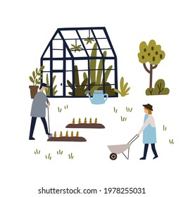 Garden with greenhouse, trees and characters, taking care of the plants. Hand drawn vector illustration. Horticulturist concept.