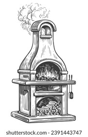 Cocina de parrilla de jardín, chimenea. Cocina al aire libre de verano con barbacoa y leña. Ilustración de esbozo de vector