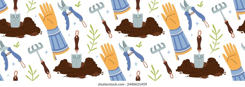 Garden growing tools pattern. Agriculture Items shovel, Hole of earth, yellow gardening gloves, rake, pruner. Growing vegetables, flowers. Background for textile, wallpaper. Vector flat illustration.