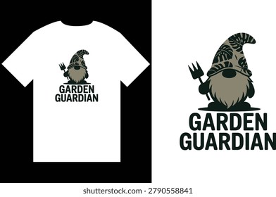 Garden Guardian Typography Vector Design with Cute Gardener Gnome Wearing Tropical Monstera Leaf Pattern Hat and Holding Pitchfork