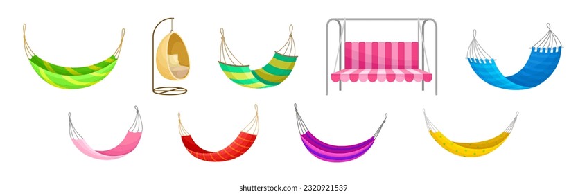 Garden Hammock, Swing and Bench as Comfortable Furniture for Rest Vector Set