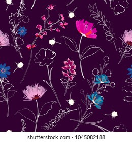 A garden hand drawing outline sketch with painting floral seamless pattern in vector on stylish beautiful purple color background for fashion and all prints
