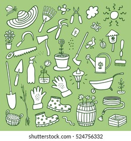 Garden hand drawn cartoon sketch set