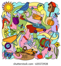 Garden hand drawn colorful pattern. Vector illustration for textile prints, posters, covers.