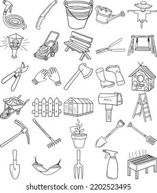 Garden Hand Drawn Doodle Line Art Outline Set Containing Fence, Plant pot, Axe, Gardening gloves, Rake, Hedge shears, Gardening fork, Garden hose, Boots, Watering can, Shovel, Pruning shears, Pruning