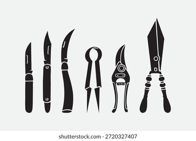 Conjunto de iconos sólidos de equipos de mano de jardín. Conjunto de símbolos de silueta de herramientas de jardinería. Cuchillos, cuchillo de hoz, divisor, herramientas de poda, tijeras de seto, horticultura, paisaje. Ilustración vectorial.